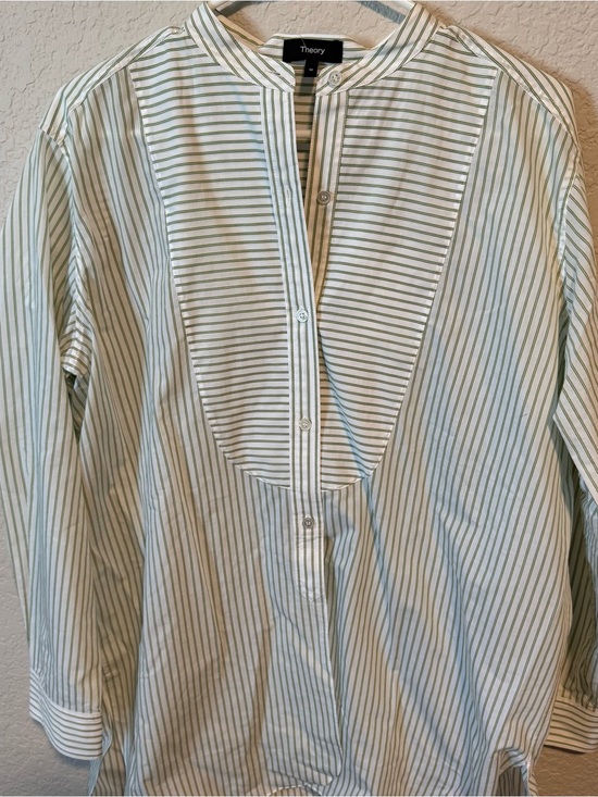 Theory Tops - Theory Tuxedo Shirt in Green and White Striped Cotton Blend Size Medium NWT
